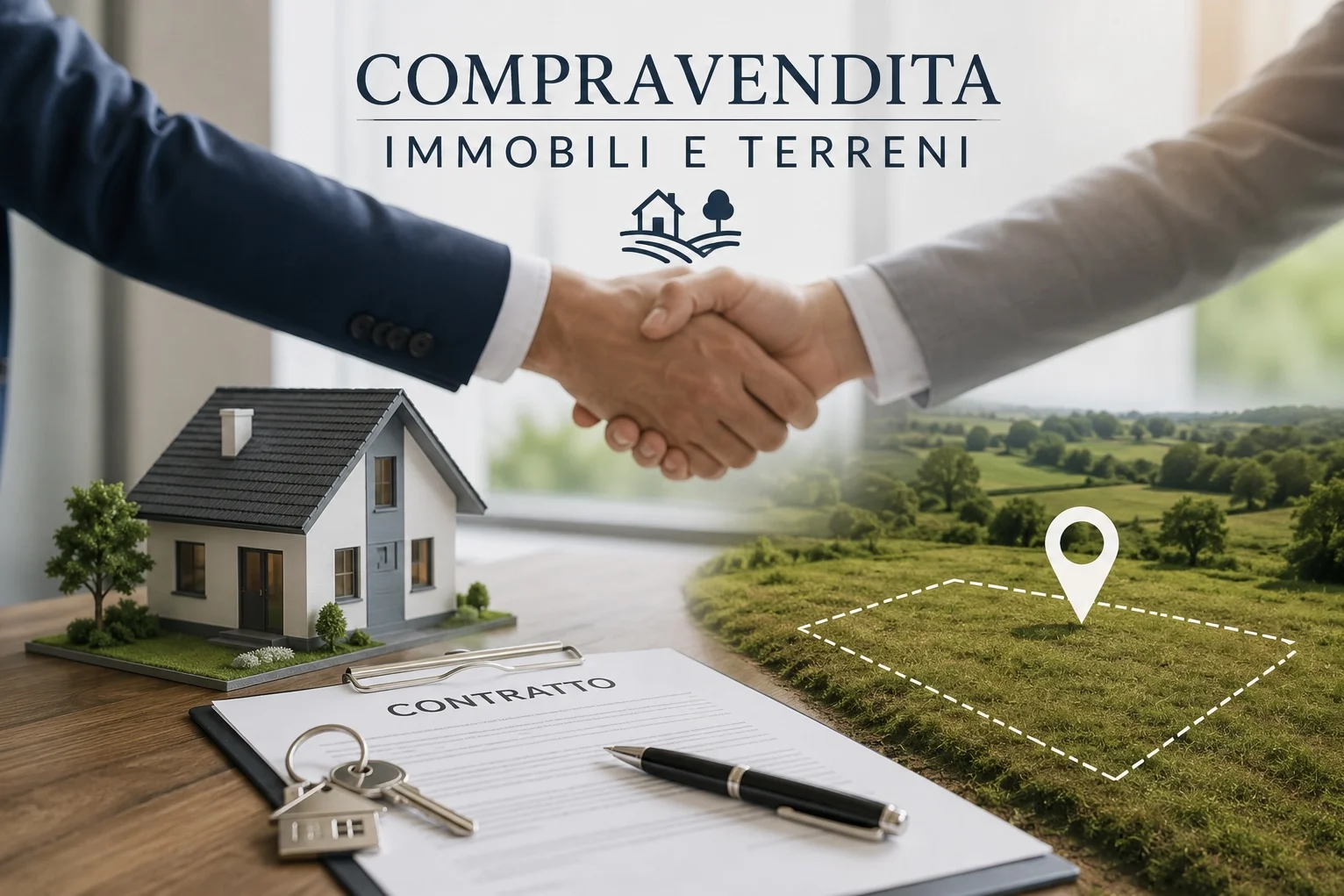 Stretta di mano sopra un contratto, con un modello di casa e un terreno: compravendita di immobili e terreni